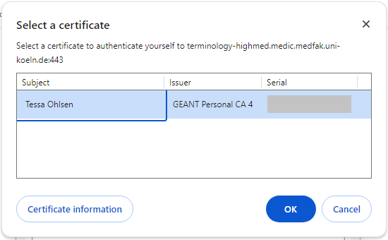 Chrome prompt for selecting the certificate