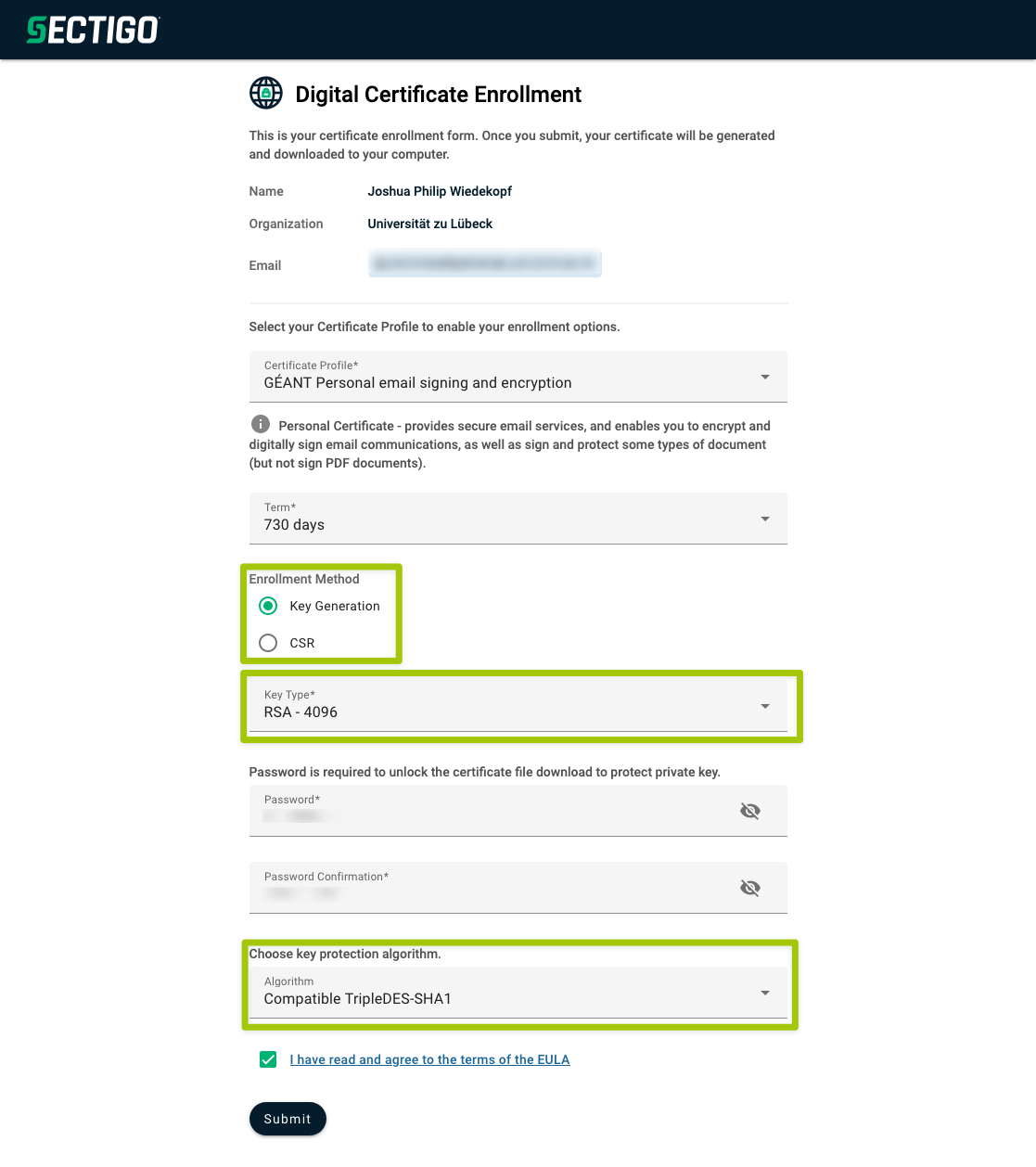 Certificate request form
